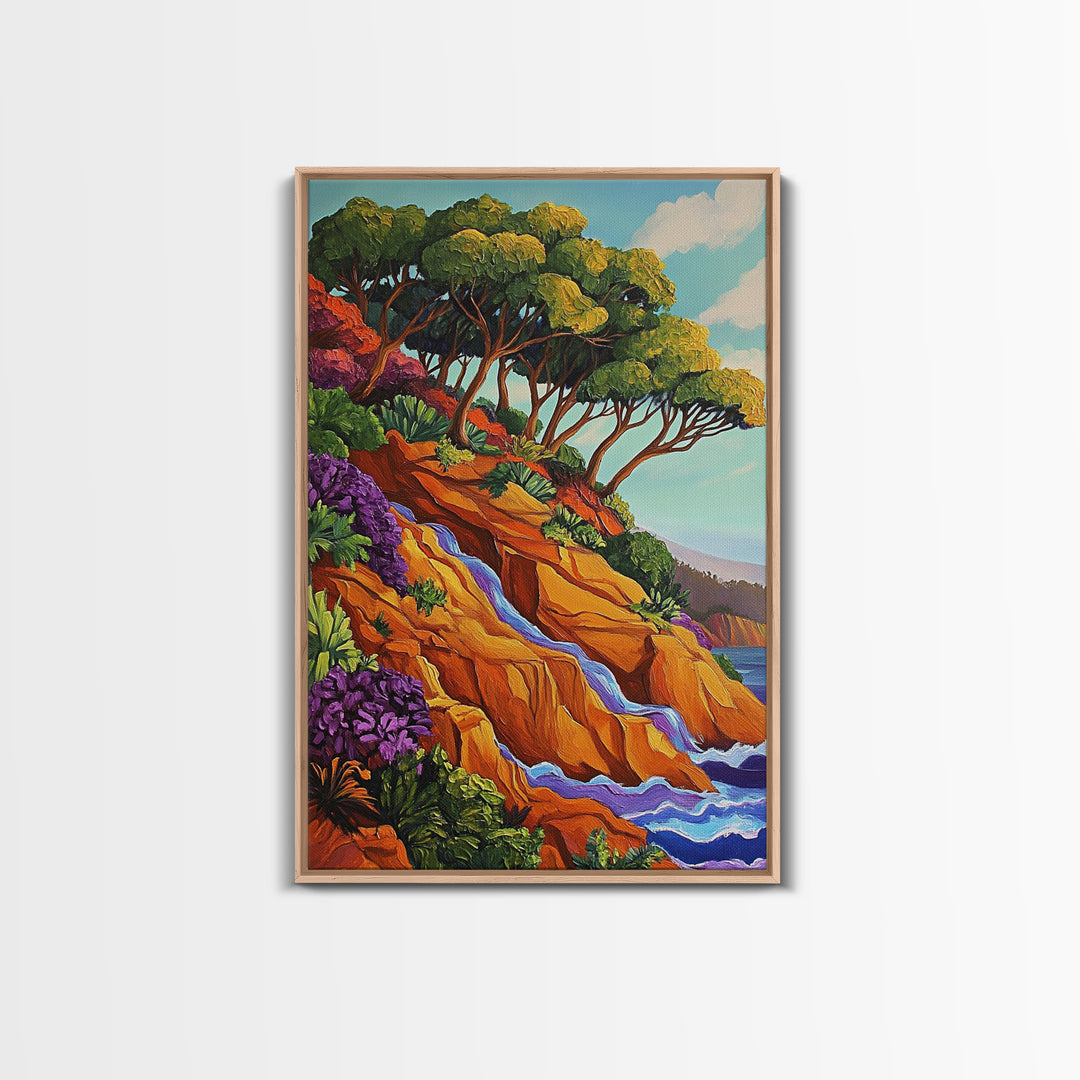Cliffside Trees Flow, Coastal Waterfall Art, Canvas Print, Scenic Nature Wall Decor, Spa Bathroom Wall Art, Tranquil Landscape Scene