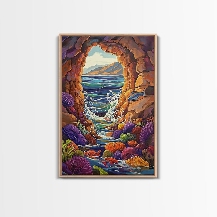 Ocean Cave Window, Underwater Scene, Marine Life, Coral Reef, Framed Canvas Print, Bathroom Wall Art, Coastal Decor, Nautical Art