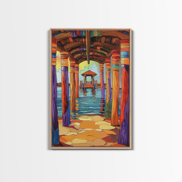 Dock Walkway, Tropical Pier, Ocean View, Beach Art, Framed Canvas Print coastal home decor, hallway wall art, vibrant nautical painting