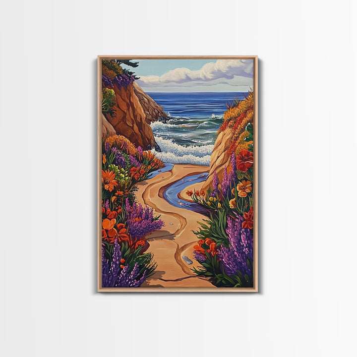 Coastal Path, Floral Trail, Ocean View, Beach Landscape, Framed Canvas Print, boho art, hallway decor, tropical wall art, beach house art