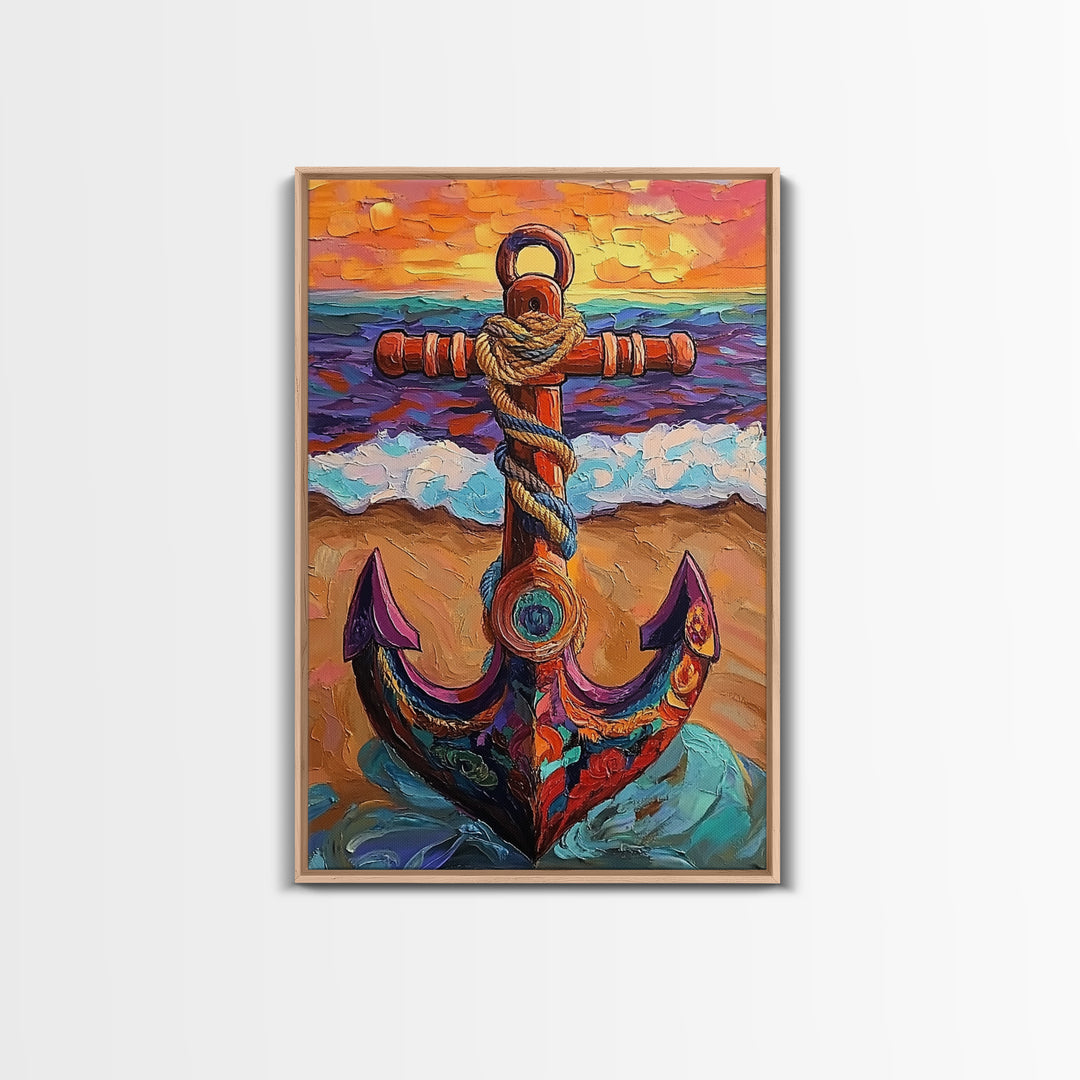 Nautical Anchor, Sunset, Coastal, Framed Canvas Print, ocean sunset art, beach house decor, rustic nautical theme, Living Room or Office