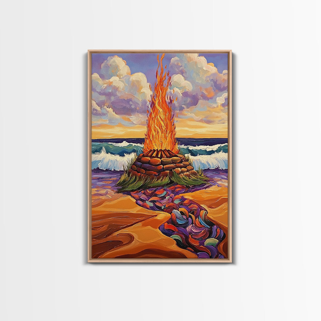 Bonfire Beach, Twilight, Ocean, Framed Canvas Print fire pit artwork, vibrant beach decor, ocean waves and flames, Fall living room wall art