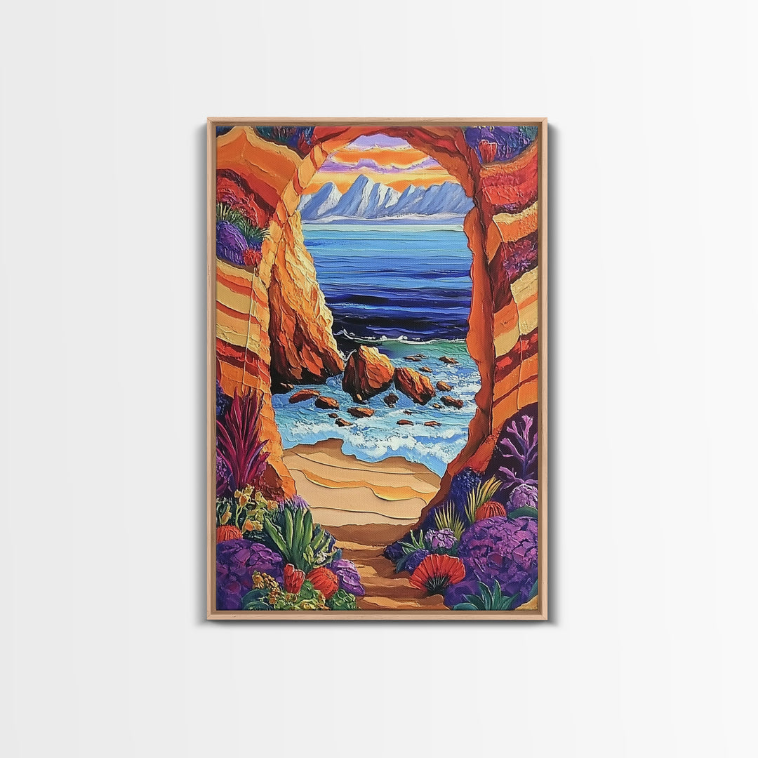 Coastal Archway, Ocean, Escape, Framed Canvas Print bold beach cave painting vivid seascape arch view boho tropical living room wall decor