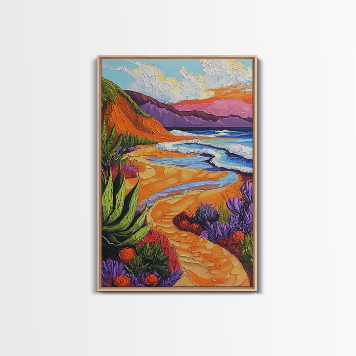 Beach Path, Sunset, Bliss, Canvas Print, tropical beach decor, bold wall art, coastal boho artwork, vibrant summer vibes, Bathroom or Hallway