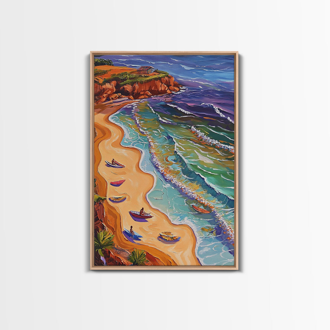 Beach Waves, Boats, Aerial Coastal Landscape, Framed Canvas Print, Boho Ocean Art, Bathroom Wall Decor, Vibrant Nautical Artwork