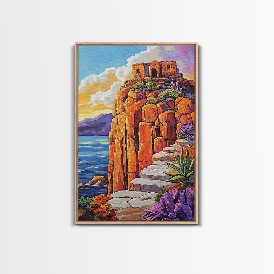 Cliffside Ruins, Ocean, Sunset Ancient Fortress Art, Framed Canvas Print, Dramatic Living Room Wall Decor, Southwest Adventure Style