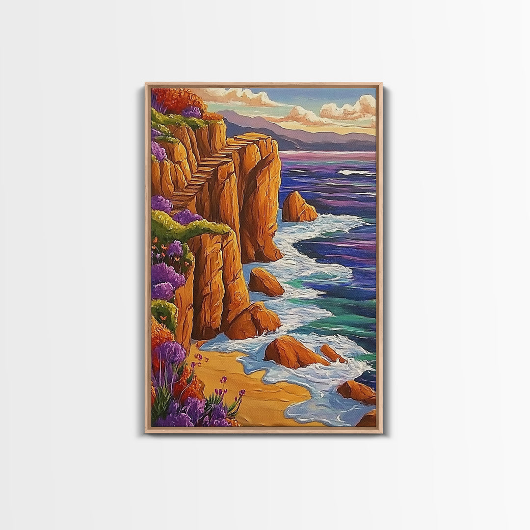 Ocean Cliffside, Path, Sunset, Canvas Print scenic ocean stairs artwork, coastal nature landscape print, Bedroom Wall Art, boho art