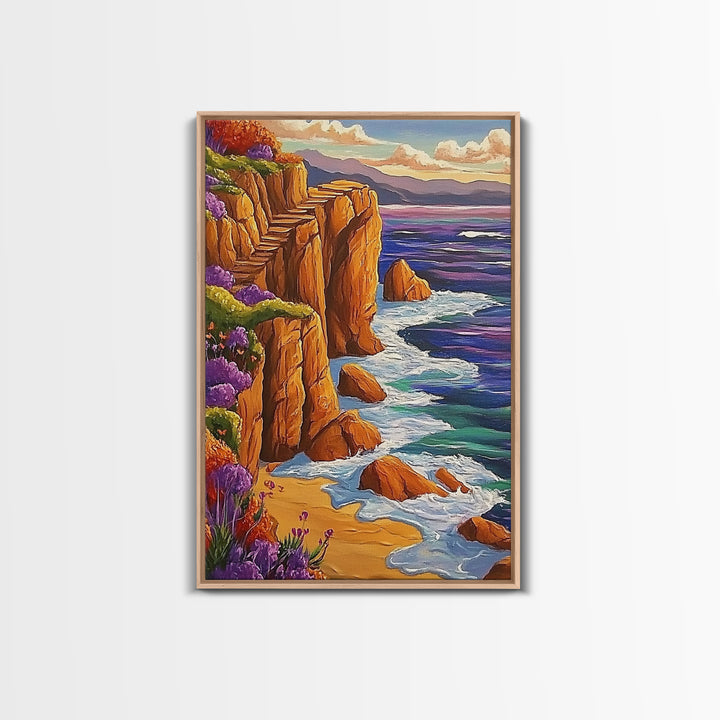 Ocean Cliffside, Path, Sunset, Canvas Print scenic ocean stairs artwork, coastal nature landscape print, Bedroom Wall Art, boho art