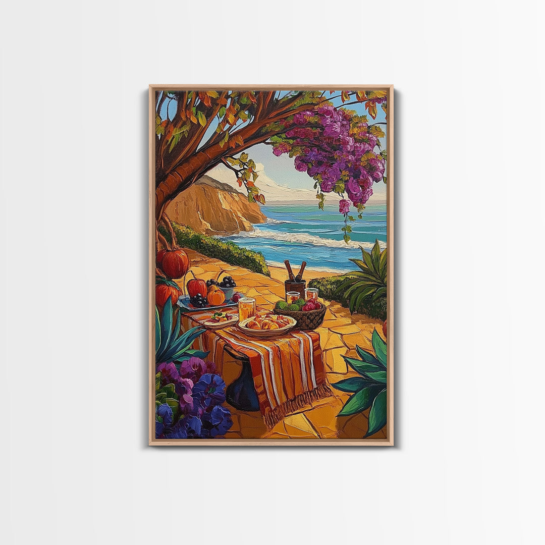 Picnic Beach, Fall Ocean, Framed Canvas Print cozy coastal picnic painting, fall harvest beachside art, Dining Room Wall Art, rustic art