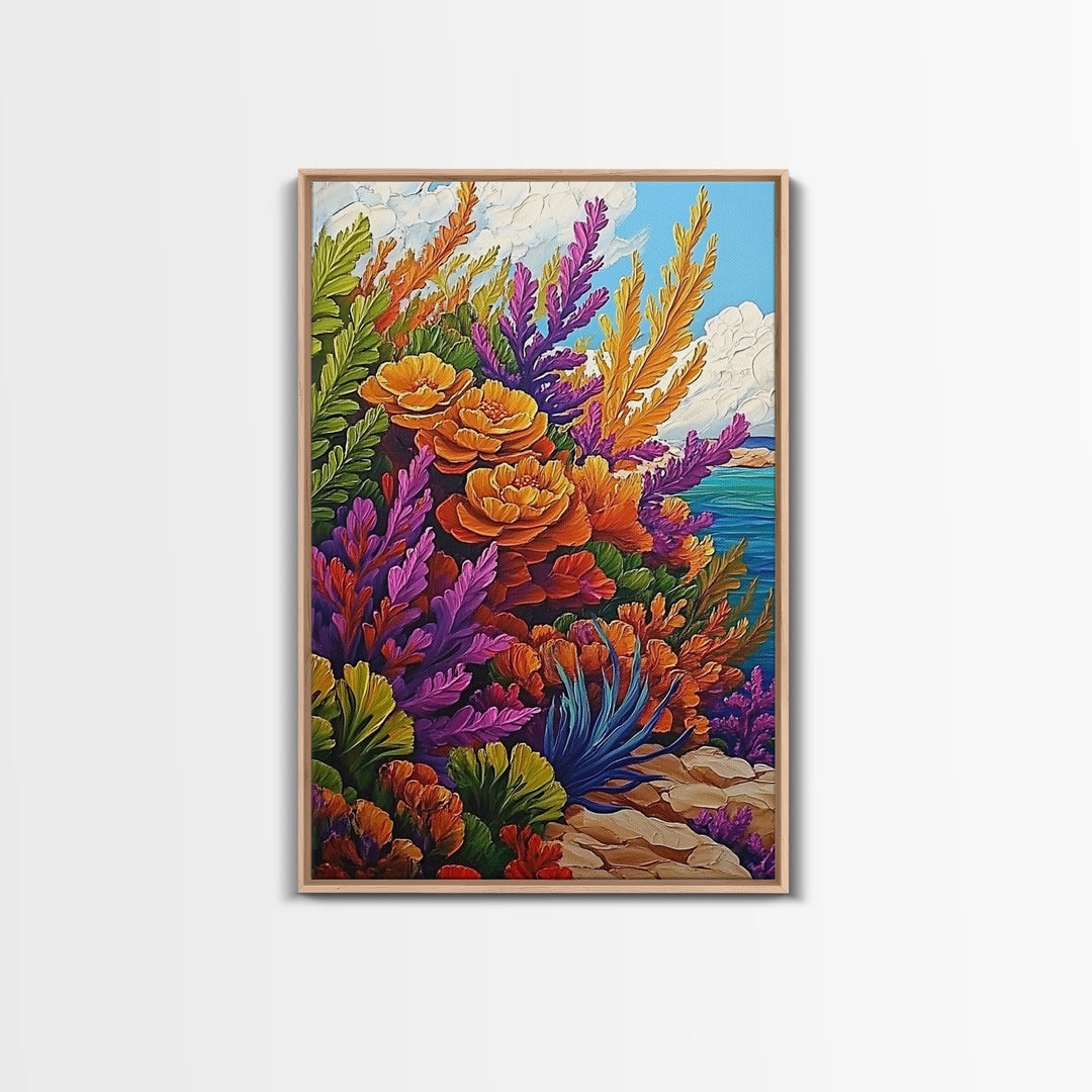Coastal, Botanical, Garden, Flowers, Framed Canvas Print, Bright coastal flowers with ocean view, ideal summer vibe bathroom or patio wall art
