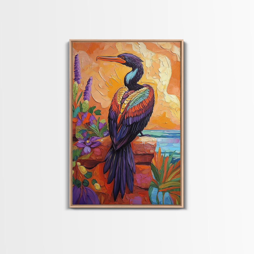 Bird, Tropical, Nature, Colorful, Framed Canvas Print, Exotic bird painting with vivid feathers, ideal eclectic living room wall art