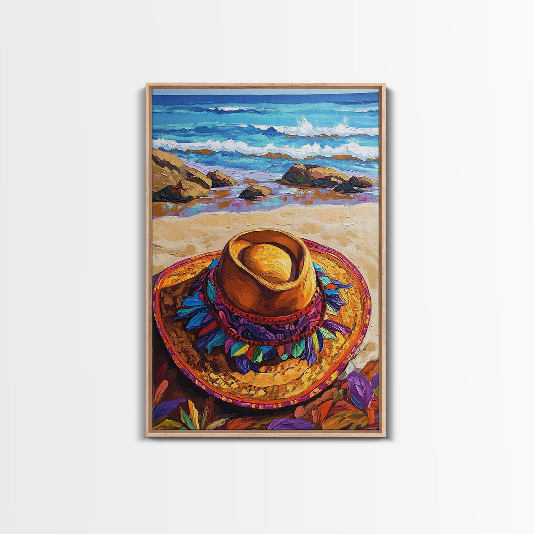 Beach, Hat, Summer, Coastal, Canvas Print, Summer beach scene with festive sombrero, great coastal kitchen or vacation home wall art