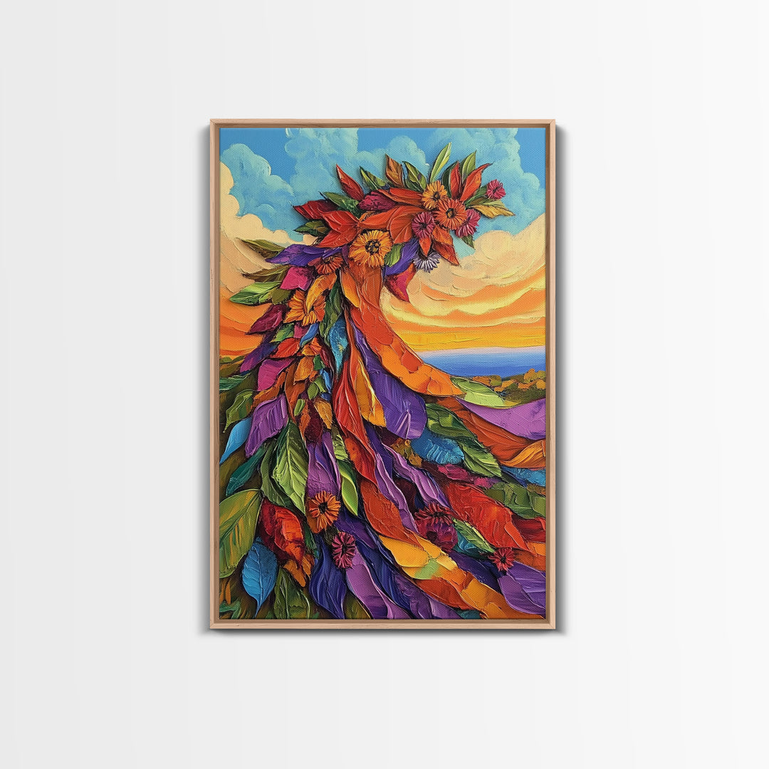 Abstract Bloom, Petals, Rainbow, Framed Canvas Print, bold flower art, modern botanical decor, textured wall piece, Bedroom or Entryway