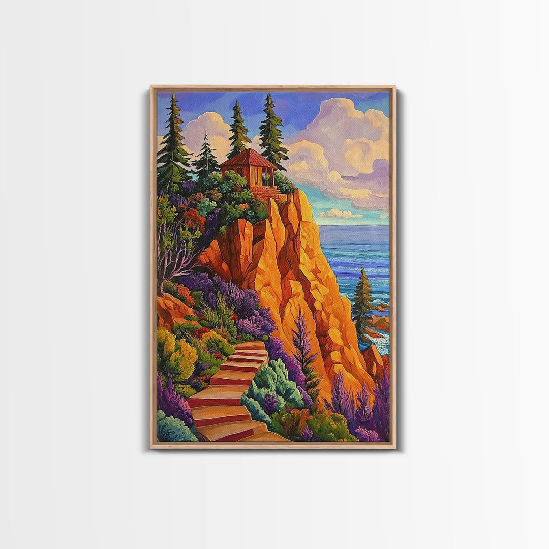 Cliff Cabin, Ocean, Trees, Framed Canvas Print, Seaside cabin on cliff with vivid trees and ocean view, rustic fall living room wall art
