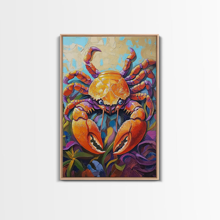 Crab Ocean, Bold, Seafood, Framed Canvas Print, Colorful crab painting with vivid detail, fun nautical art, beach kitchen decor