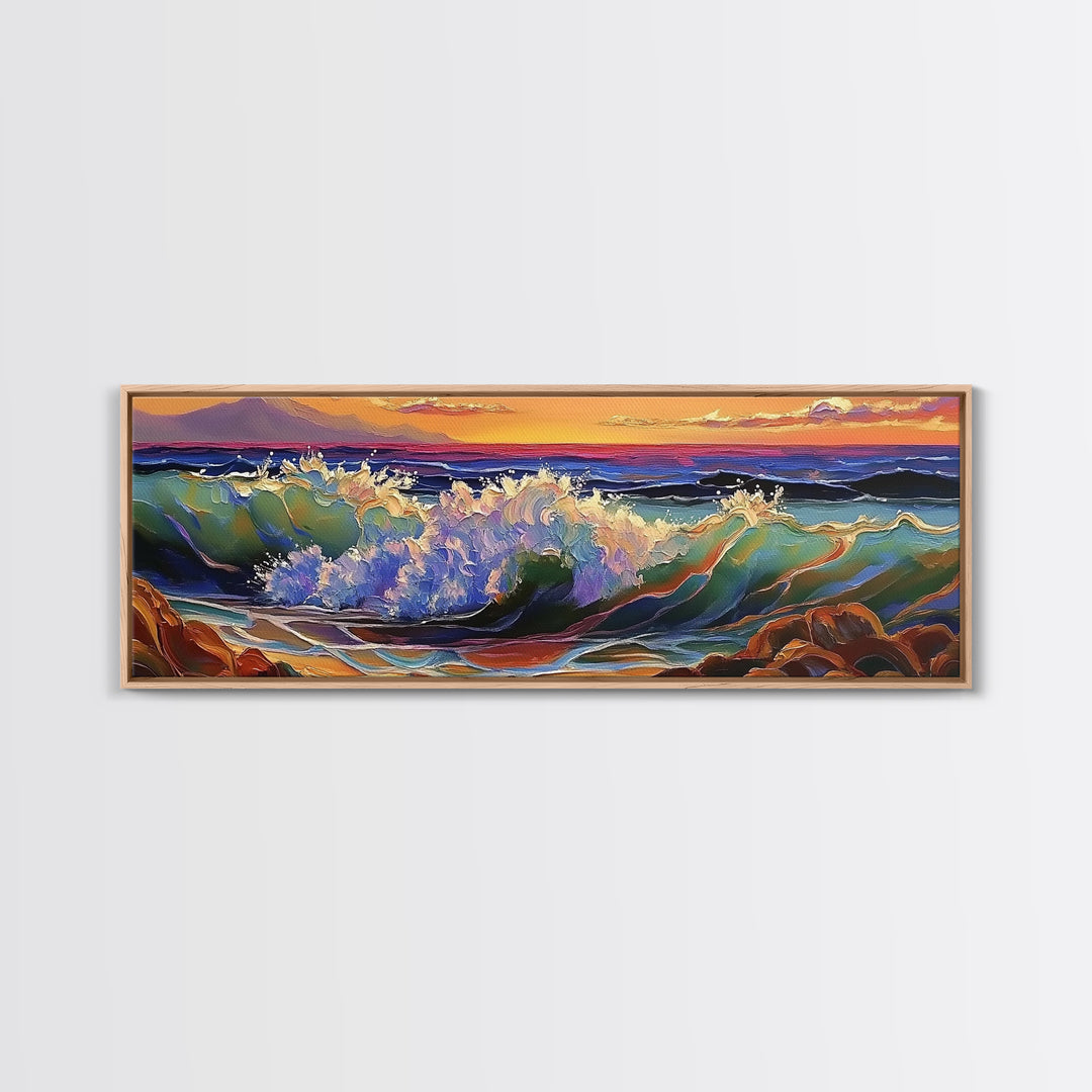Breaking Wave, Seascape Sunset, Surf Art, Tranquil Ocean, Framed Canvas Print, Beach House Wall Art, Coastal Living Decor, Nature Scene