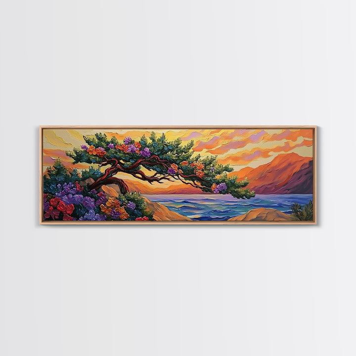 Coastal Tree, Sunset Glow, Flowering Branches, Ocean Horizon, Canvas Print, Bedroom Wall Art, Tranquil Nature Scene, Vibrant Landscape