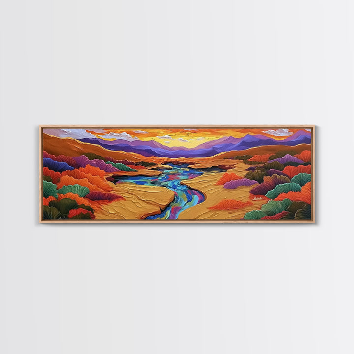 Desert River Sunset, Bold Nature Painting, Vibrant Landscape, Fall Wall Decor, Earthy Living Room Framed Canvas Print, Beach House Wall Art