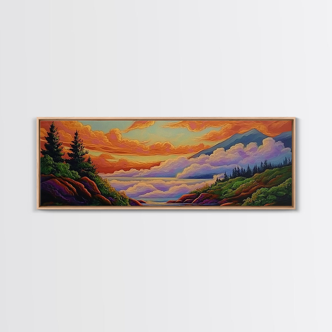 Cloudy Mountains, Sunset Glow, Forest Horizon, Tranquil Vibes, Framed Canvas Print, peaceful landscape, bedroom wall art