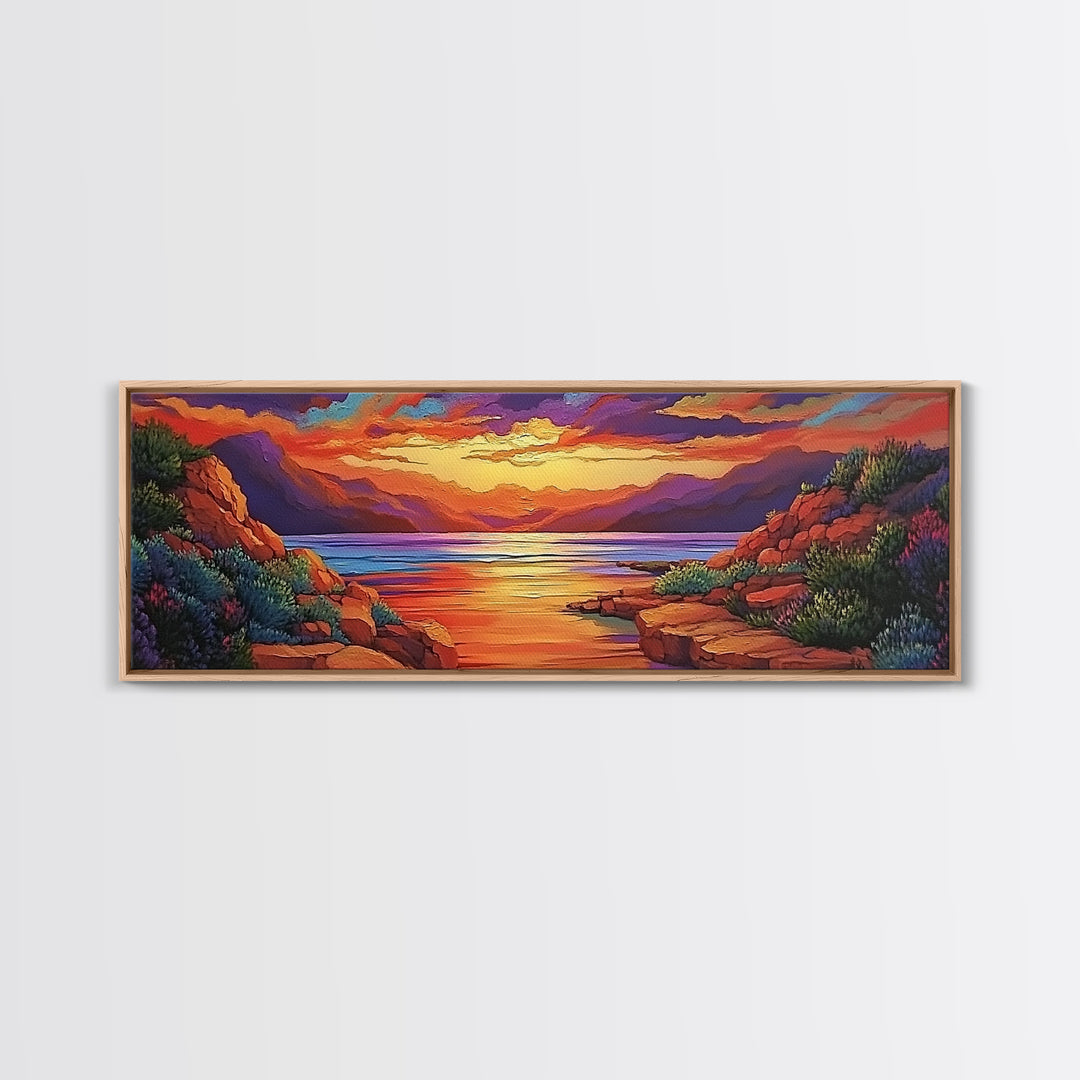 Rocky Sunset, Tranquil Cove, Mountain Glow, Ocean Calm, Framed Canvas Print, vivid sunset art, nature escape, living room decor