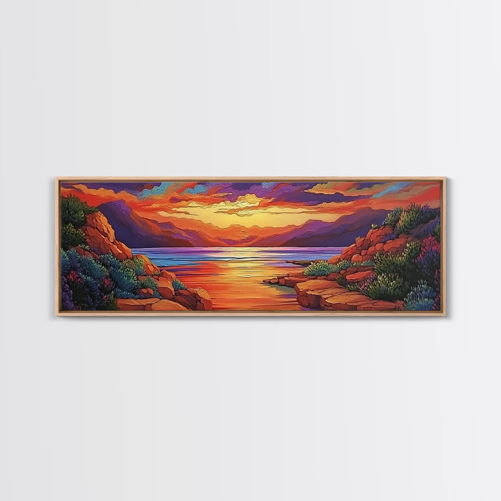 Rocky Sunset, Tranquil Cove, Mountain Glow, Ocean Calm, Framed Canvas Print, vivid sunset art, nature escape, living room decor