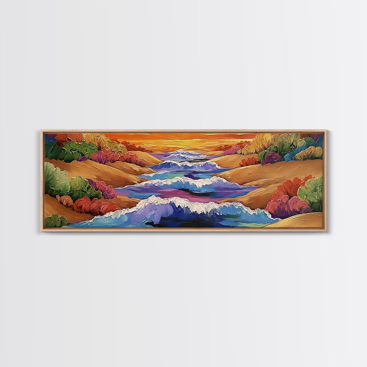 Rolling Waves, Ocean Energy, Sunset Coastline, Canvas Print, coastal living room decor, vivid surf art, bold beach vibe painting