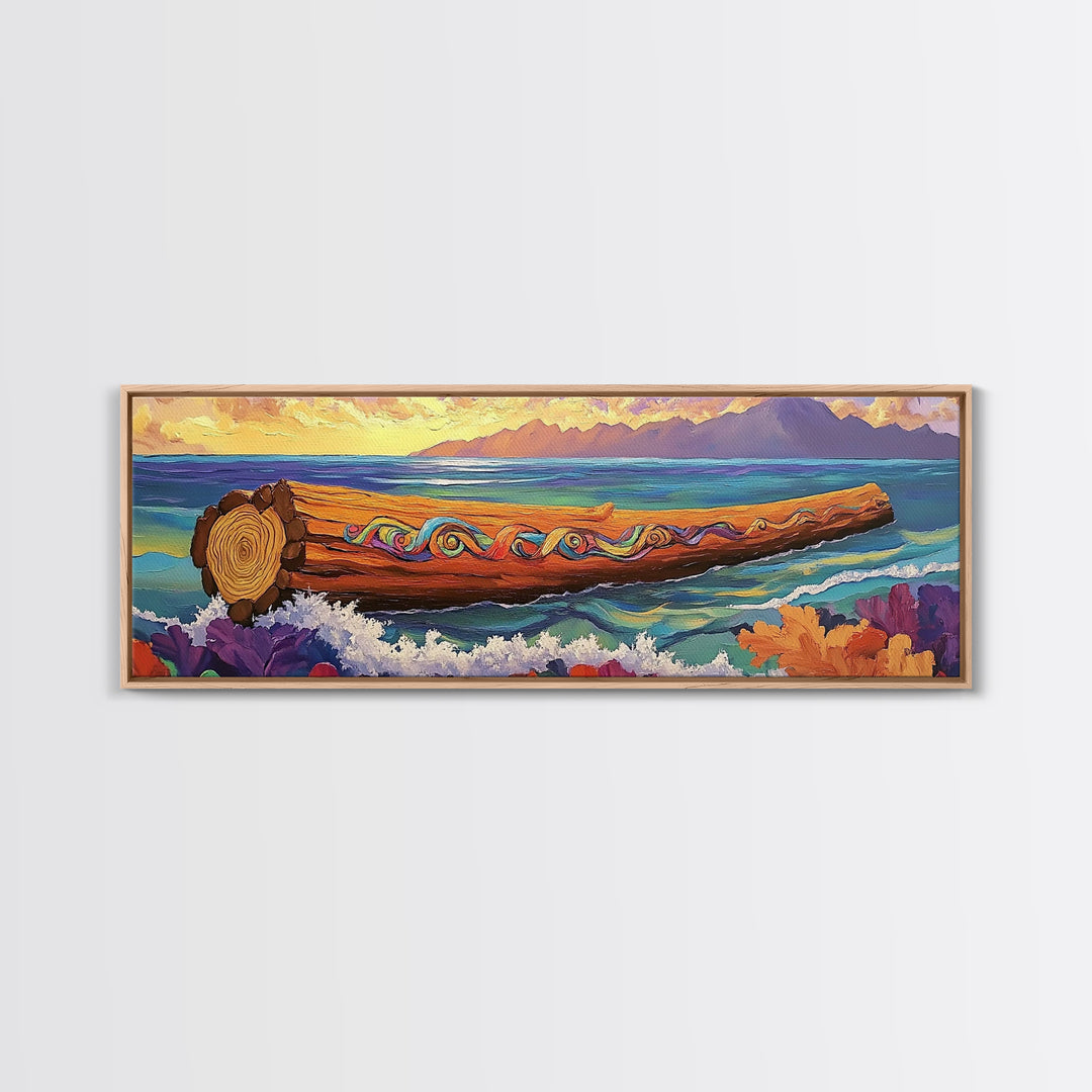 Ocean Driftwood Painting, Coastal Log Art, Vibrant Nautical Wall Scene, Framed Canvas Print, Beach House Decor, Living Room Art