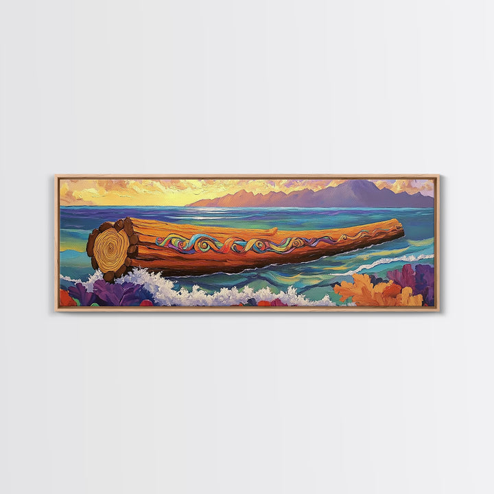 Ocean Driftwood Painting, Coastal Log Art, Vibrant Nautical Wall Scene, Framed Canvas Print, Beach House Decor, Living Room Art