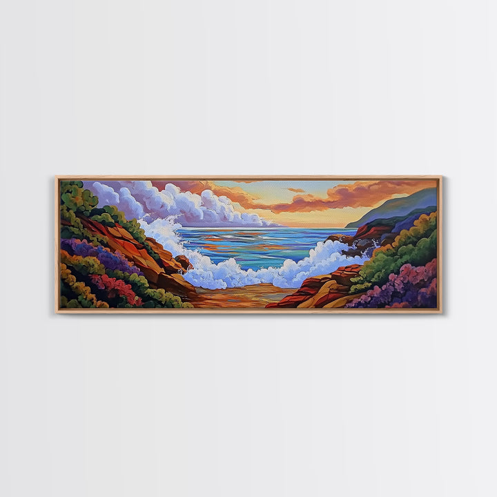 Crashing Waves Painting, Rocky Shoreline View, Sunset Coastal Landscape, Framed Canvas Print, Nautical Art, Living Room Decor