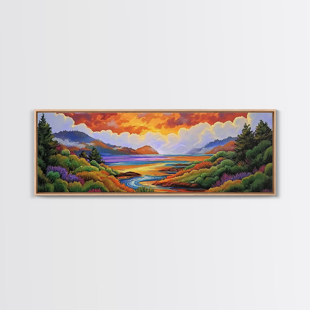 Sunset Lake Scene, Mountain View Art, Tranquil Waterscape Landscape, Framed Canvas Print, Nature Office Decor, Living Room Art