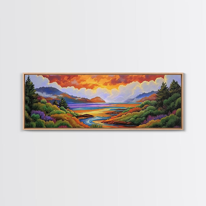 Sunset Lake Scene, Mountain View Art, Tranquil Waterscape Landscape, Framed Canvas Print, Nature Office Decor, Living Room Art