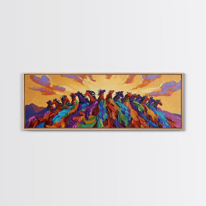 Running Wild Horses, Abstract Herd Scene, Sunset Equine Painting, Framed Canvas Print, Western Bedroom Wall Art, Living Room Decor