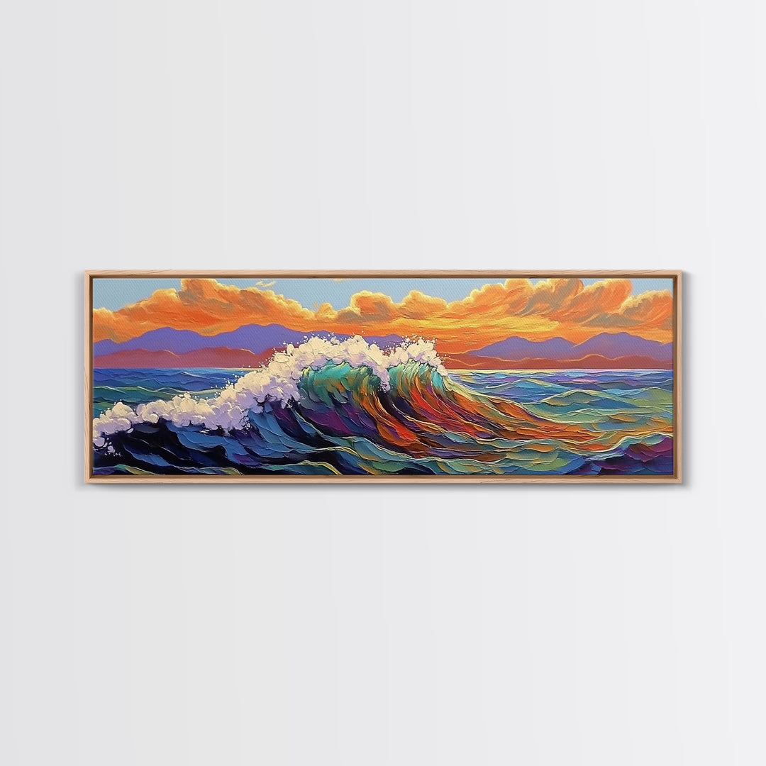 Ocean Wave Sunset, Vibrant Seascape Painting, Tropical Horizon Scene, Framed Canvas Print, Coastal Wall Art, Nautical Decor
