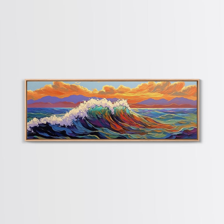 Ocean Wave Sunset, Vibrant Seascape Painting, Tropical Horizon Scene, Framed Canvas Print, Coastal Wall Art, Nautical Decor