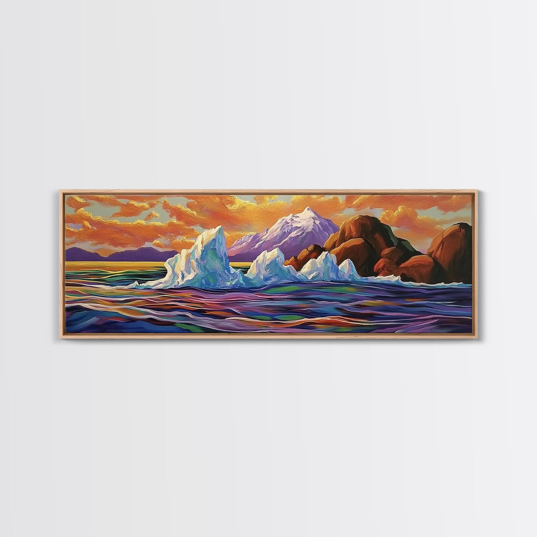 Iceberg Ocean Scene, Arctic Sunset Painting, Majestic Ice Waterscape, Framed Canvas Print, Coastal Wall Art, Winter Home Decor
