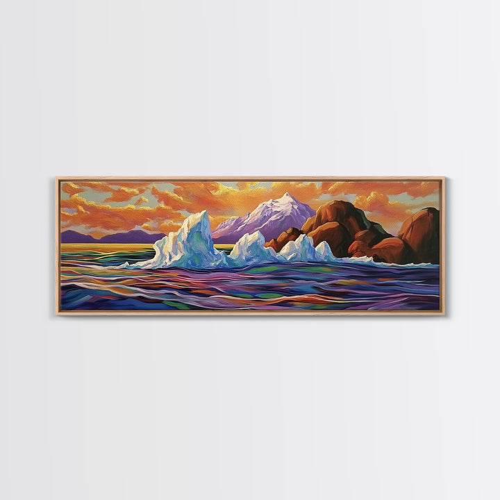 Iceberg Ocean Scene, Arctic Sunset Painting, Majestic Ice Waterscape, Framed Canvas Print, Coastal Wall Art, Winter Home Decor