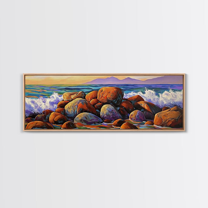 Coastal Boulders, Wave Crash, Ocean Energy, Framed Canvas Print, Beach House Wall Art, Seascape Painting, Coastal Decor, Nature Vibes