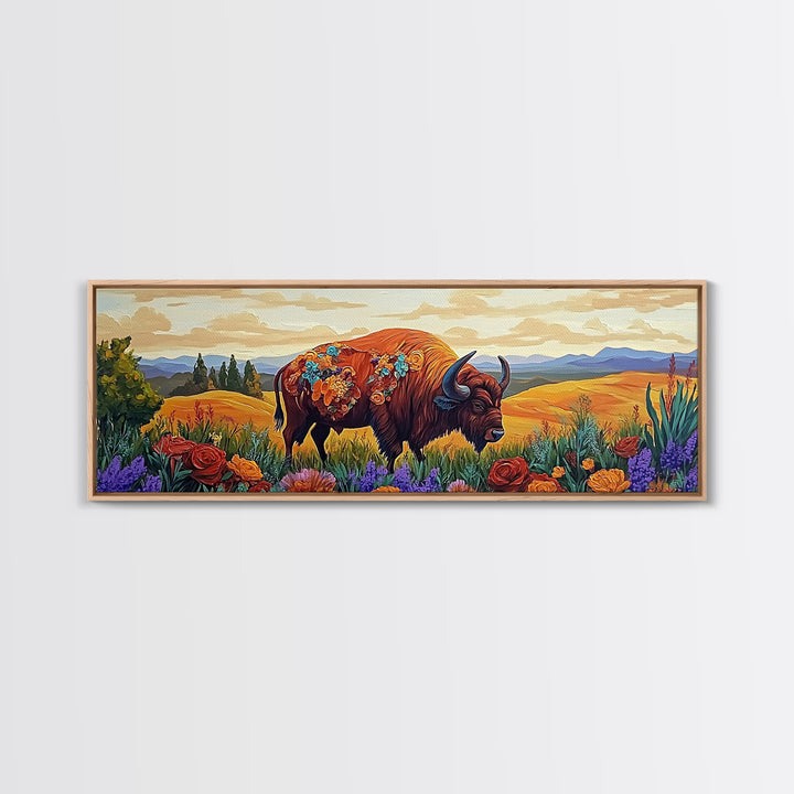 Bison Meadow, Wildflowers, Prairie Soul, Framed Canvas Print, Fall Wall Art, Western Decor, Rustic Living Room Art, Nature Art