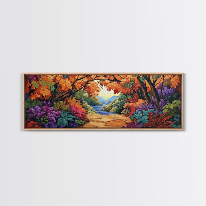Autumn Archway, Colorful Path, Forest Lake, Vibrant Trees, Framed Canvas Print, Entryway Wall Art, Fall Nature Scene, Boho Art