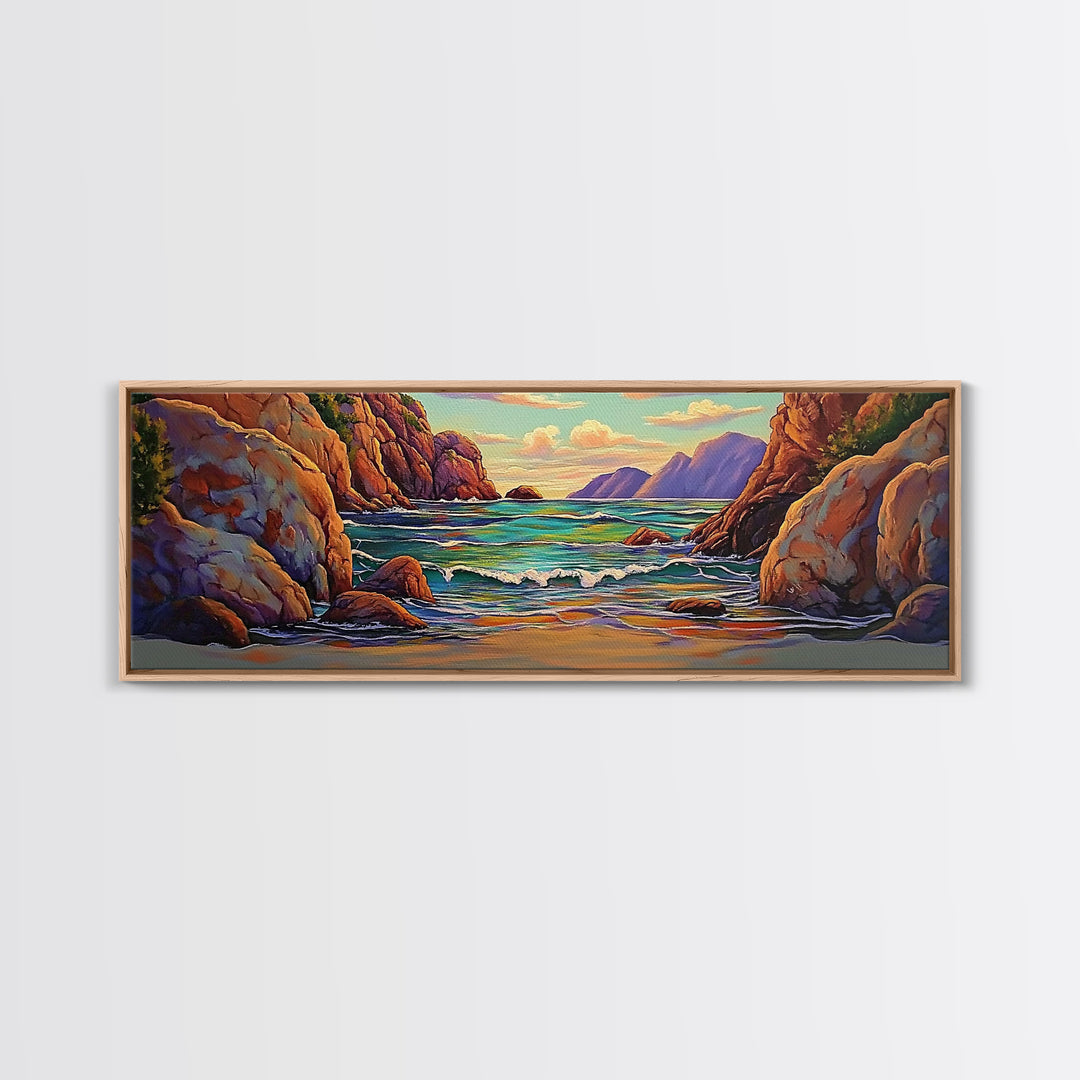 Rocky Cove, Sunset Ocean, Wave Art, Coastal View, Framed Canvas Print, Bathroom Wall Art, Earth Tones, Seascape Canvas Decor
