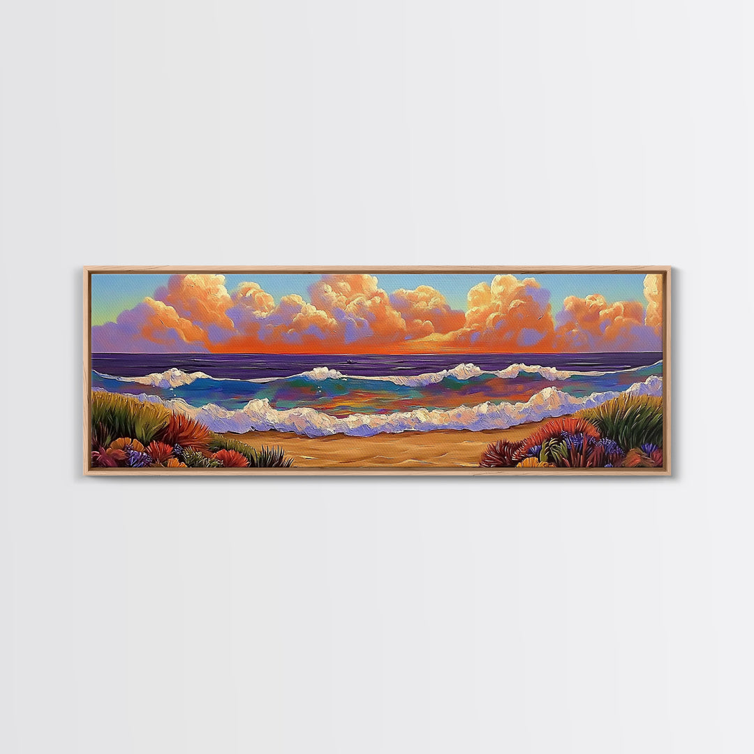Beach Sunset, Gentle Waves, Cotton Clouds, Summer Calm, Framed Canvas Print, Coastal Wall Art, Soft Pastel Ocean Landscape