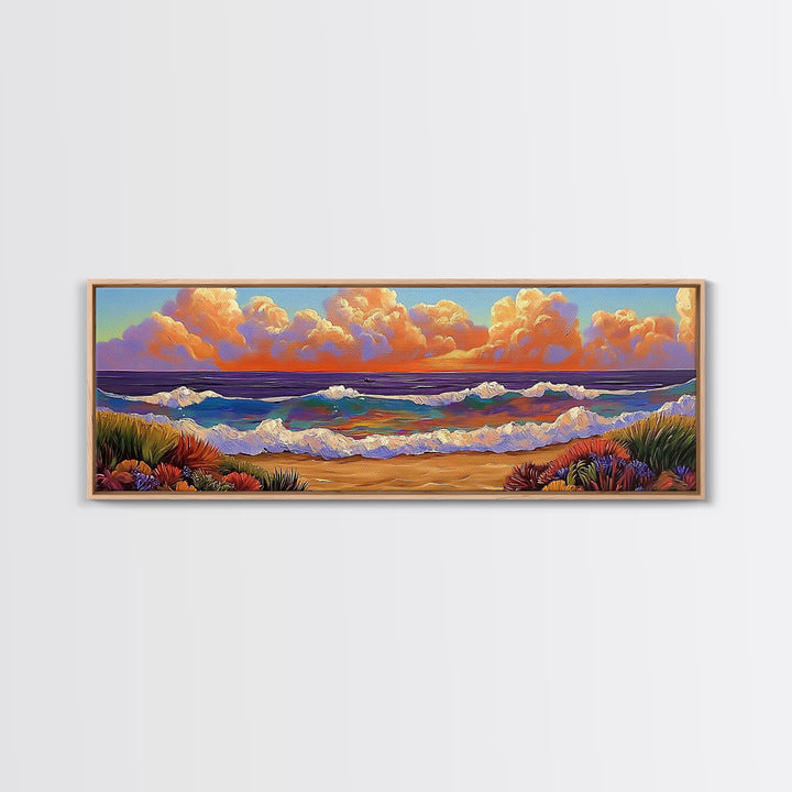 Beach Sunset, Gentle Waves, Cotton Clouds, Summer Calm, Framed Canvas Print, Coastal Wall Art, Soft Pastel Ocean Landscape