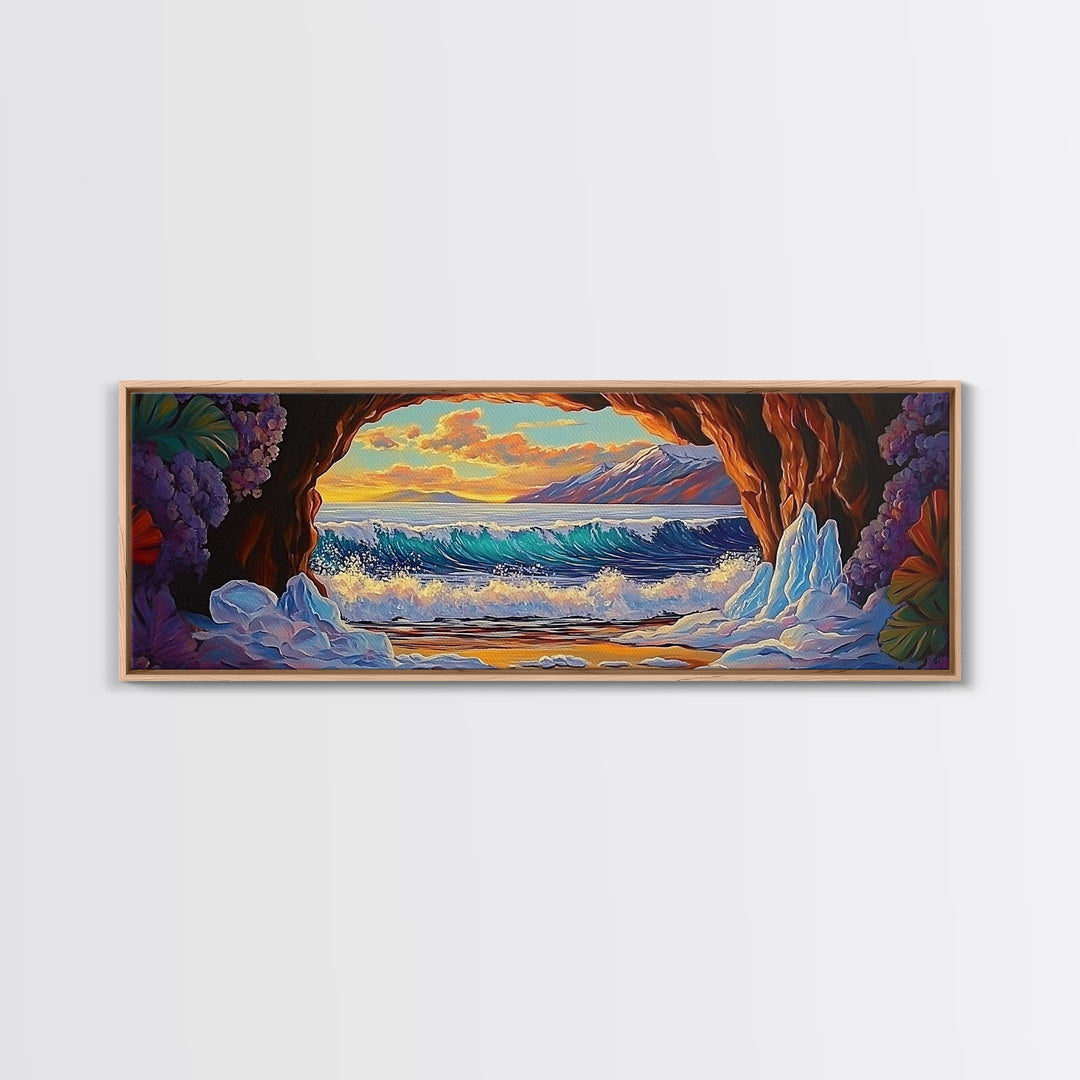 Arctic Ocean Cave, Winter Seascape, Vibrant Ice Waves, Framed Canvas Print, Seasonal Wall Art, Coastal Fantasy Decor