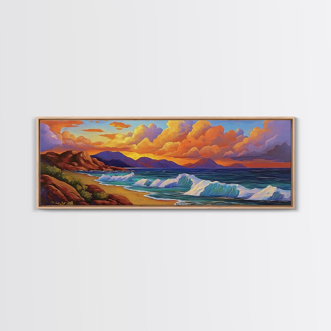 Coastal Sunset Glow, Ocean Horizon, Vibrant Wave Art, Framed Canvas Print, Living Room Wall Art, Colorful Beach Landscape