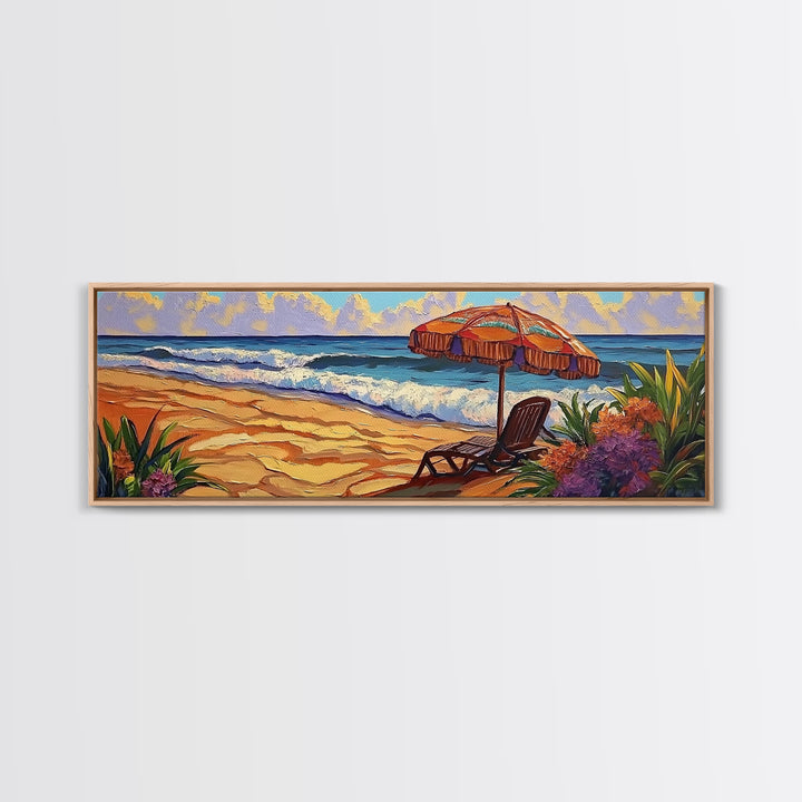 Beach Umbrella Scene, Vibrant Ocean View, Canvas Print, Tropical Coastal Decor, Seaside Living Room Wall Art, Boho Beach Style