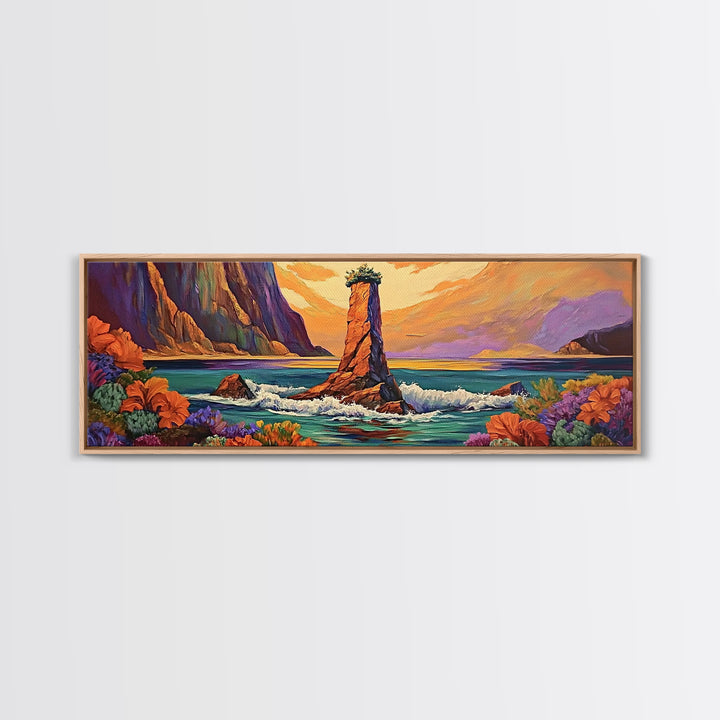 Ocean Rock Island, Sunset Coastline, Floral Foreground, Canvas Print, Living Room Wall Art, Mystical Nature Landscape