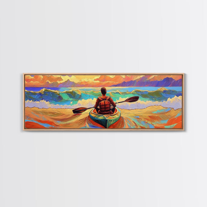 Ocean Kayaker, Waves Sunset, Adventure Spirit, Beach Home Accent, Framed Canvas Print, Coastal Wall Art, Colorful Outdoor Art
