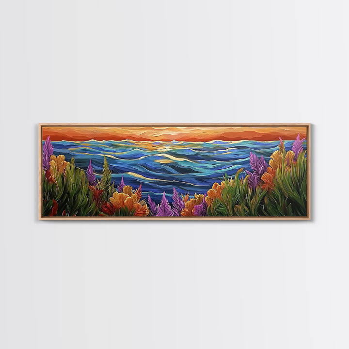 Ocean Horizon, Sunset Sea, Flower Garden, Nature Escape, Canvas Print, Beach House Decor, Tropical Seascape Wall Art