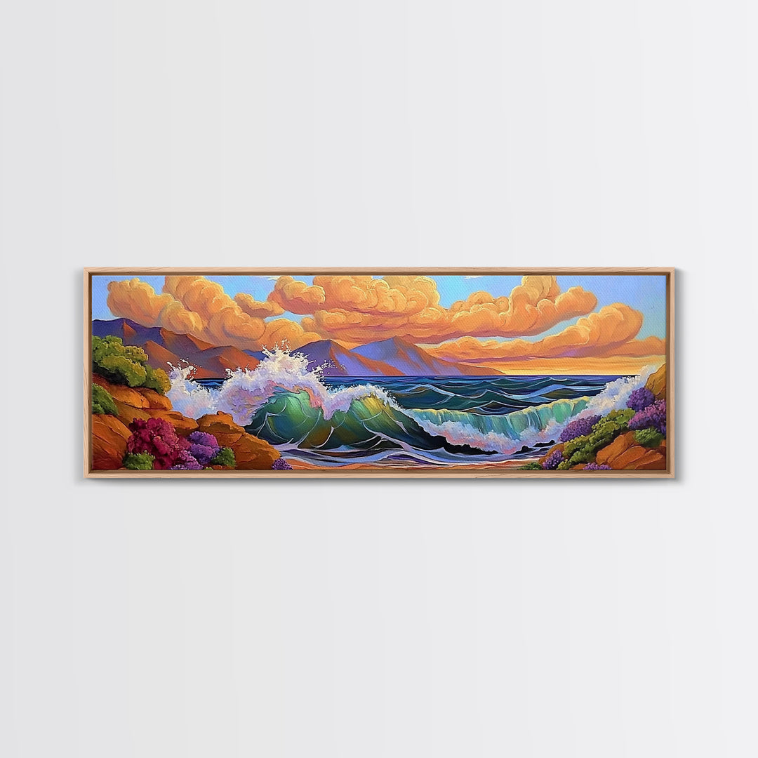 Coastal Surf, Sunset Clouds, Tropical Vibes, Ocean Wave Art, Framed Canvas Print, Beach House Decor, Seaside Living Room Art
