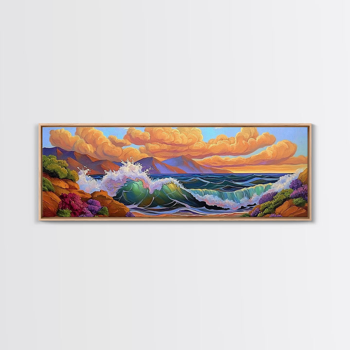 Coastal Surf, Sunset Clouds, Tropical Vibes, Ocean Wave Art, Framed Canvas Print, Beach House Decor, Seaside Living Room Art